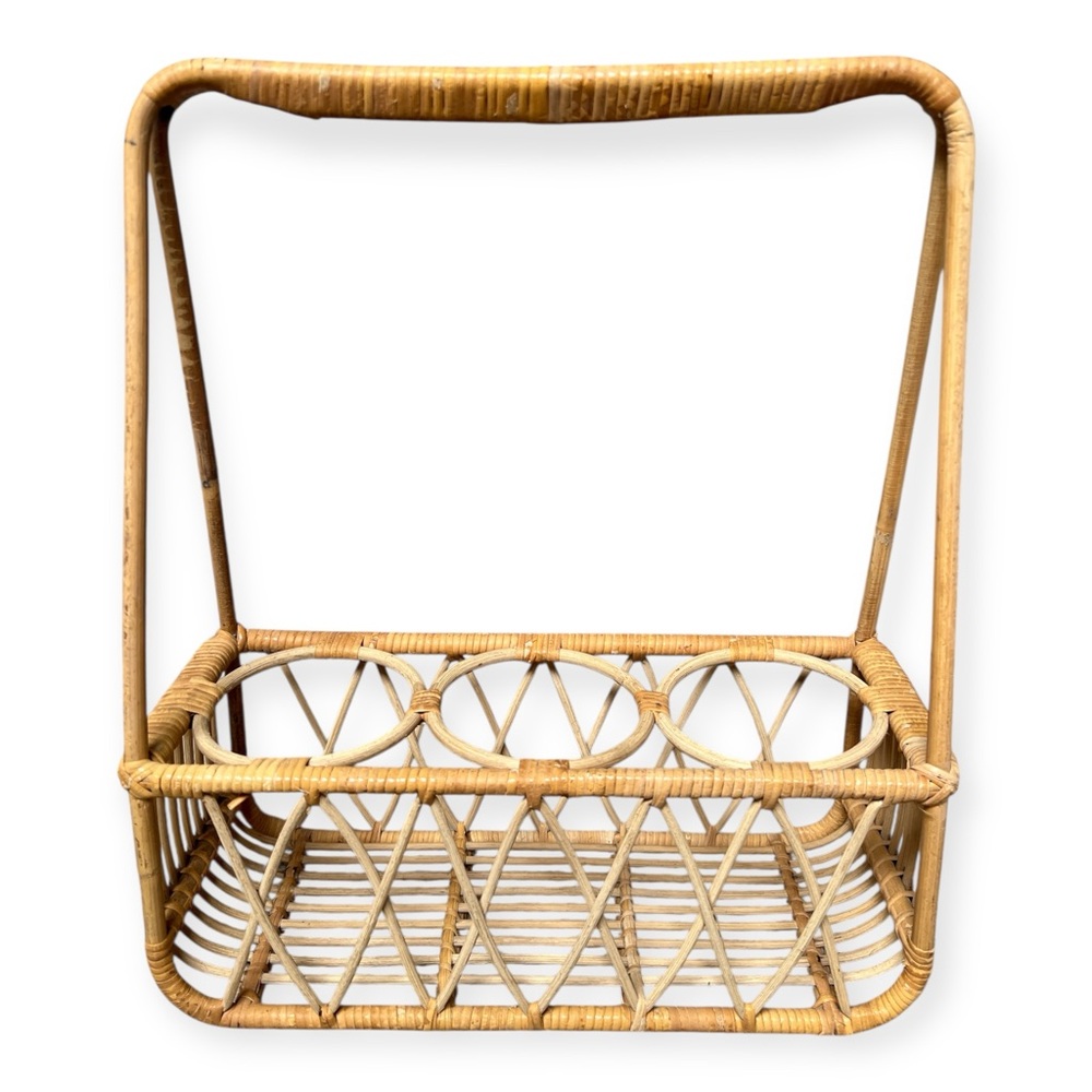 Vintage Rattan Wine Bottle Holder Portable Carrier Boho 70s